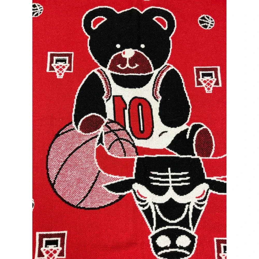 Chicago Bulls Woven Tapestry Throw Blanket Teddy Bear Red White‎ Reversible